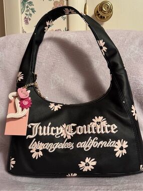 Juicy Couture Black Shoulder Bag with Pink Daisy Accents